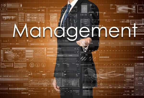 Affärsmannen presenterar business texten med handen: Management — Stockfoto