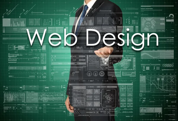 El empresario está presentando el texto del negocio con la mano: Diseño Web — Foto de Stock