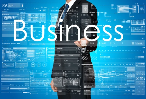 De zakenman is de presentatie van de business-tekst met de hand: Business — Stockfoto