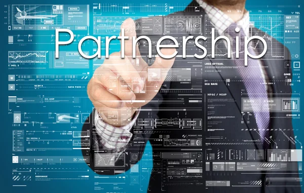 L'uomo d'affari preme il pulsante sul touch screen: Partnership — Foto Stock