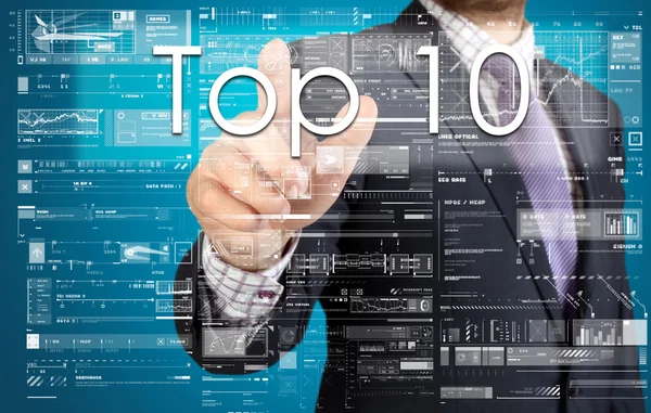 Der Geschäftsmann drückt die Taste auf dem Touchscreen: Top 10 — Stockfoto