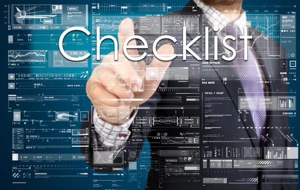 Affärsmannen att trycka på knappen på pekskärmen: Checklista — Stockfoto