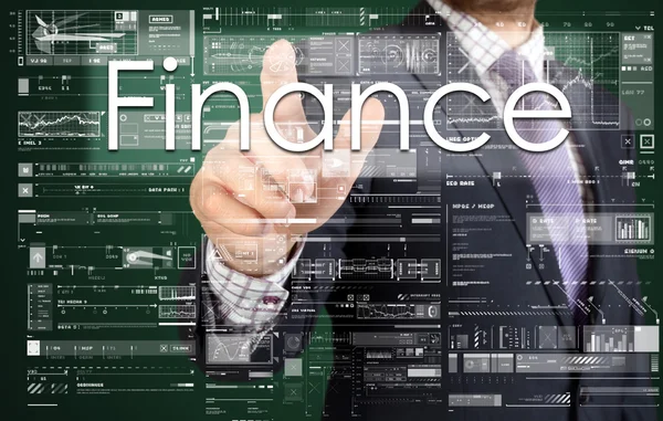 Biznesmen jest naciśnięcie przycisku na ekranie dotykowym: Finanse — Zdjęcie stockowe