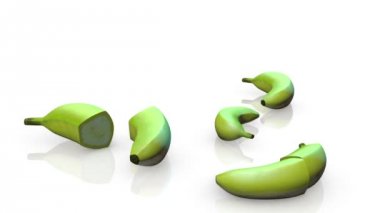 Beyaz arka planda 3D dilimlenmiş yeşil muz