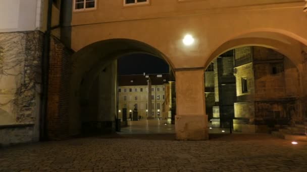 Wandelen door de Praagse burcht en de Sint-Vitus kathedraal-POV Night shot — Stockvideo