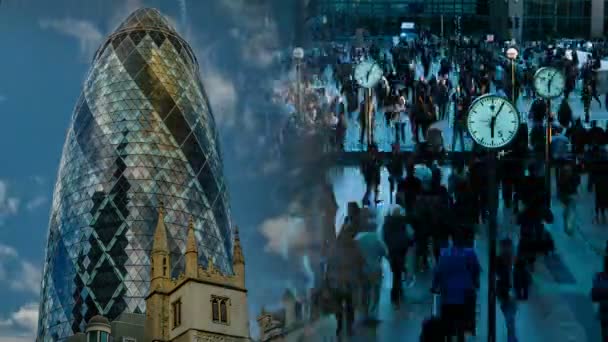 London Diptychon 4k Videowand mit finanziellen Wahrzeichen — Stockvideo