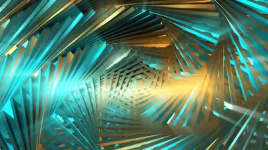 Sarmal geometrik desenler oluşturan birbirine kenetlenmiş mavi ve altın bıçaklar.