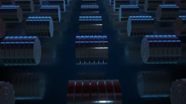 Koyu metalik bir zemine yerleştirilmiş parlak ve ışıltılı silindirik şekiller dizisi