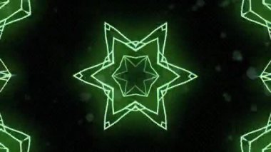 Neon yeşil çizgi deseni zayıf bir ızgara üzerinde simetrik bir kaleydoskopik tasarım yaratıyor