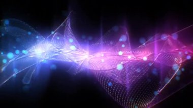 Karanlık bir uzayda yüzen parlak küreleri olan mavi ve mor renkli kurdeleler.