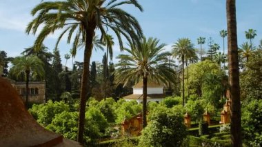 SEVILLE, circa 2023 - Gerçek Alcazar, Seville, Endülüs, İspanya Bahçeleri, çeşmeleri, havuzları ve çeşitli bitkileri olan yemyeşil, sarayda bir cennet