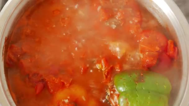 Pánev s vařící červenou paprikou plněné rýží a mletého masa-shora dolů zobrazení — Stock video