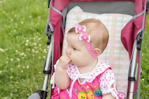 Pasgeboren meisje zit in een kinderwagen — Stockfoto