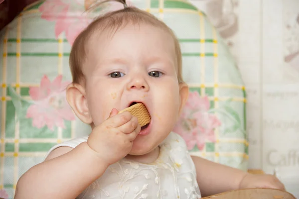 Маленькая девочка сидит в детском кресле и ест печенье Стоковое Изображение