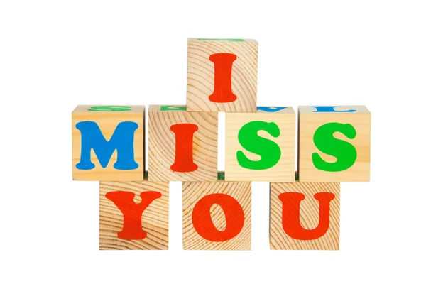 Hout cube met inscriptie I Miss You — Stockfoto