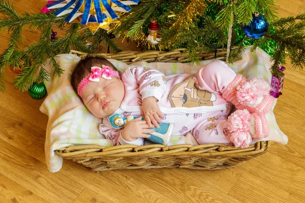 Newborn baby sleeps in a basket — Stock Photo, Image