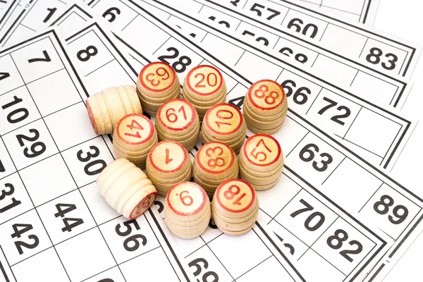 Wooden kegs and cards  for lotto or bingo game — Stock Photo, Image