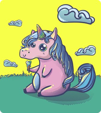 El çizilmiş fantezi karikatür tek boynuzlu at, sevimli doodle.