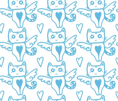 Elle çizilmiş karikatür şirin kedi doodle seamless modeli.