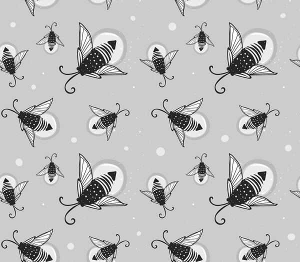 Hand-drawn seamless cartoon fireflies bugs design.