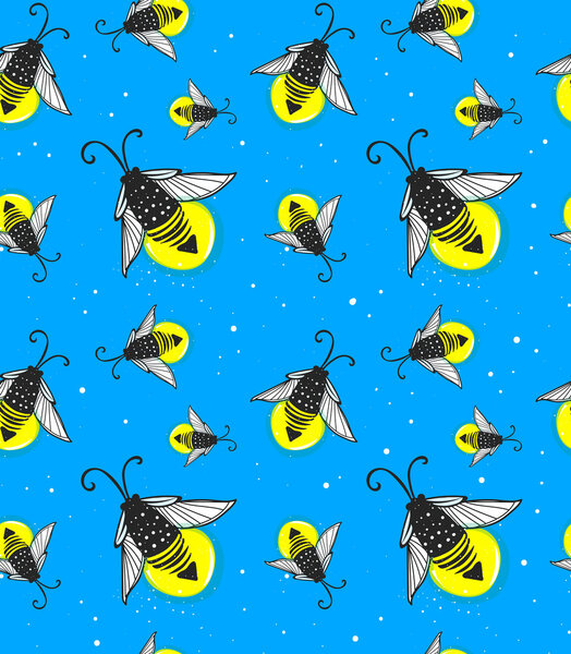 Hand-drawn seamless cartoon fireflies bugs design.