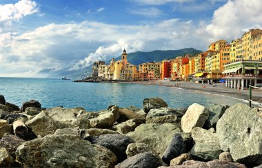 Scenic view of Camogli with fog sky clipart
