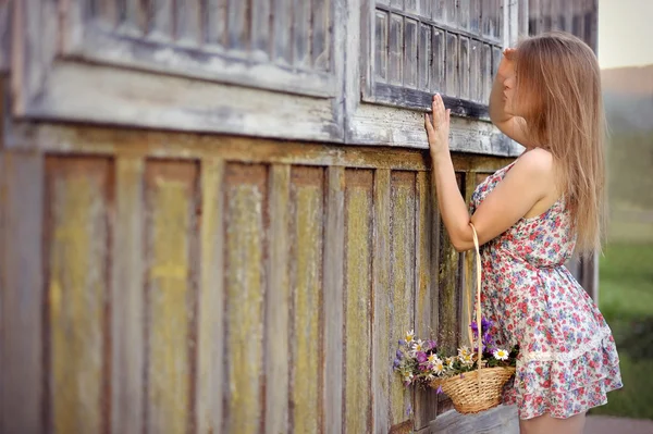 Romantická dívka s košíkem divokých květů — Stock fotografie