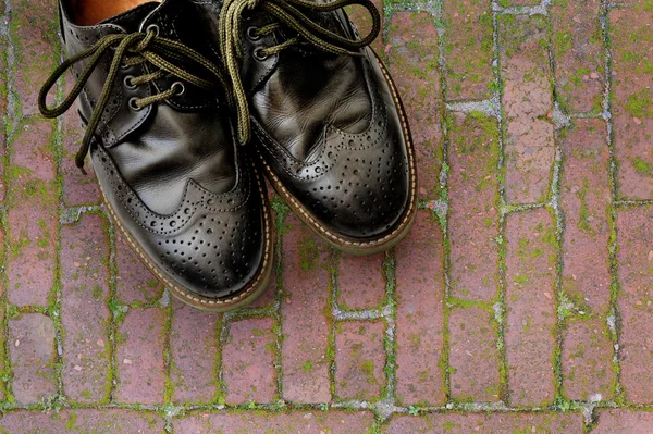 Zapatos de cuero para hombre en el fondo de adoquines — Foto de Stock