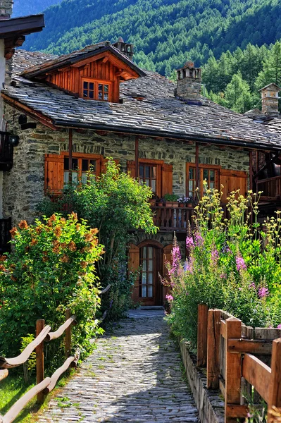 Arquitectura antigua de los Alpes con flores violetas y rosadas — Foto de Stock