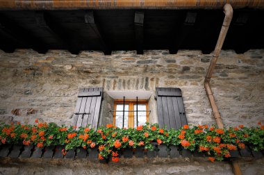 Alpien pencere Panjur ve çiçekler ile