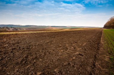 tarıma elverişli bahar tarlası, sürülmüş toprak ve rahatlama tepeciği, arka planda manzara