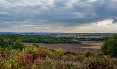Renkli sonbahar ağaçlarıyla panoramik manzara, köy bahçeleri, ufukta güneş ışınlarıyla kaplı orman..