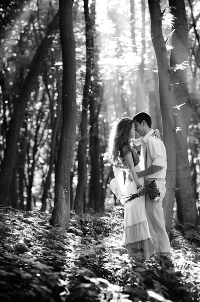 Любящая пара целуется в лесу — стоковое фото
