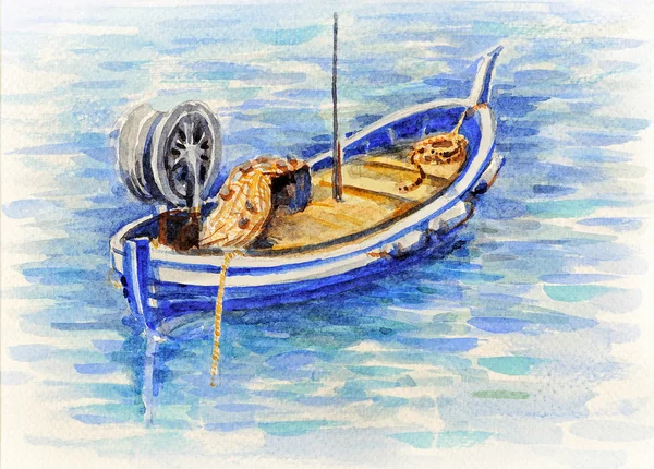 Watercolor picture fishing boat in Mediterranean sea — Stock Photo, Image