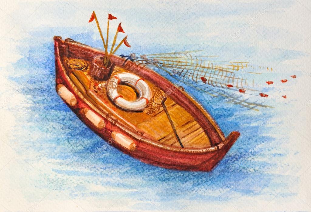 Mediterranean fishing boat watercolor picture