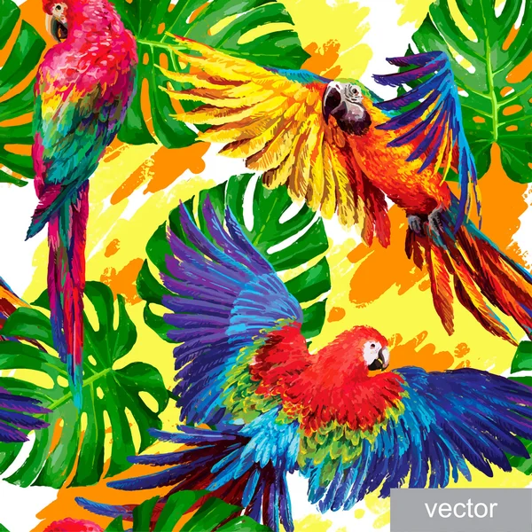 Pattern with tropical parrots and monstera leafs — Stock Illustration Pattern with tropical parrots and monstera leafs Stock Illustration