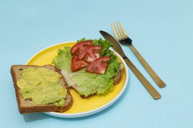 Sarı tabakta servis edilen ve açık mavi arka planda bulunan sağlıklı bir sandviç sağlıklı besin dengeli beslenmeyi ve sağlıklı bir yaşam tarzını temsil eder.
