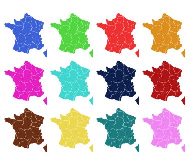 Fransa: beyaz zemin üzerine bölgeleriyle