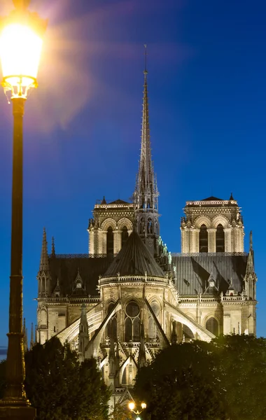 到了晚上，法国巴黎圣母院大教堂. — 图库照片
