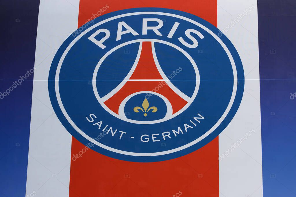 PARIS - October 18 , 2025 : Logo of the French Ligue 1 football club Paris Saint-Germain on the Parc des Princes stadium