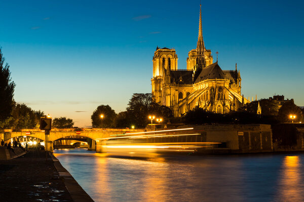 The cathedral Notre Dame at night , Paris, France.