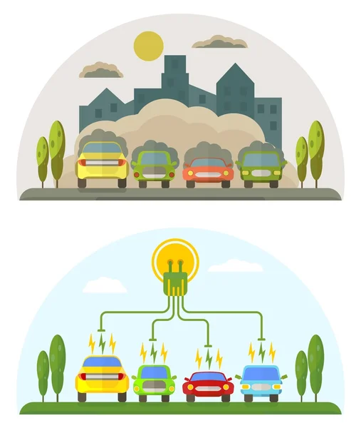 Green energy and pollution cars — Stock Vector