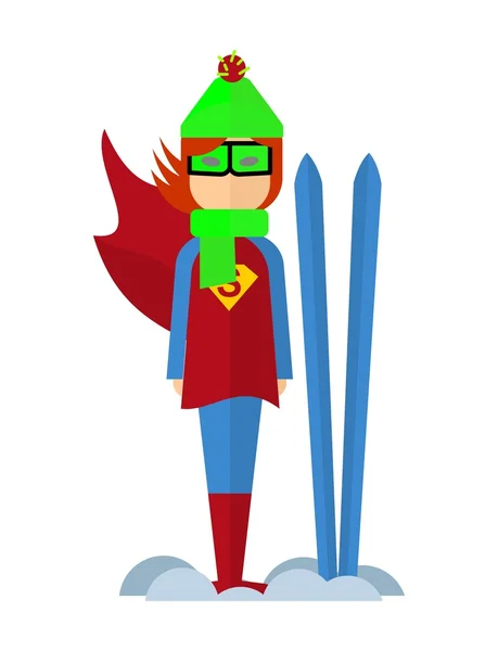 Superhero wanita di salju dengan ski - Stok Vektor