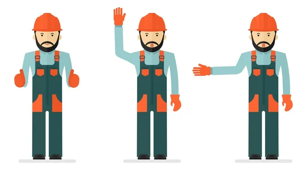 Set of illustrations with workers in overalls — Stock Vector