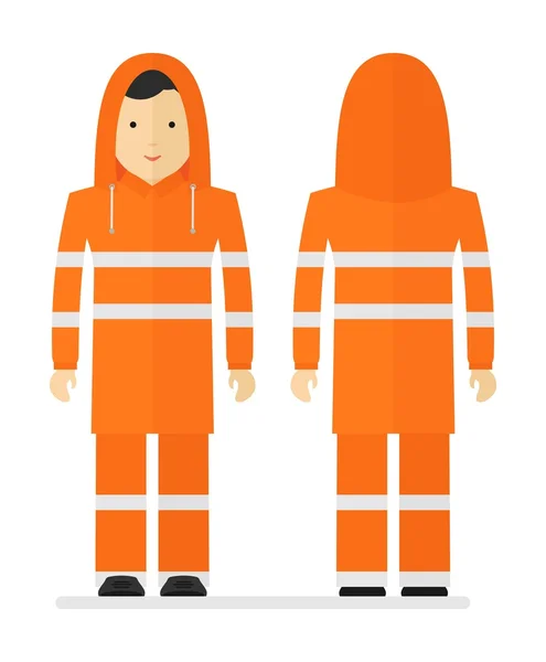 Travailleur en imperméable orange protecteur avec ruban réfléchissant — Image vectorielle