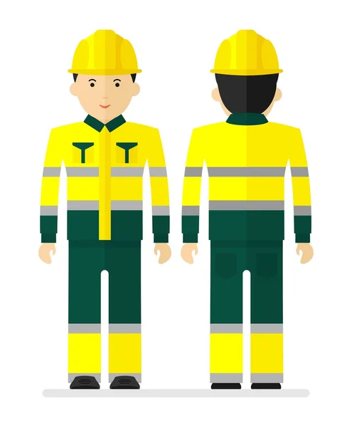 Worker in yellow work protective suit with reflecting tape.