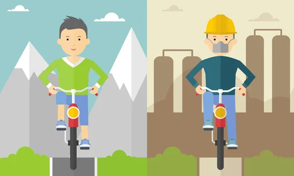 Man on bike in  mountains and dirty city — Stockvector