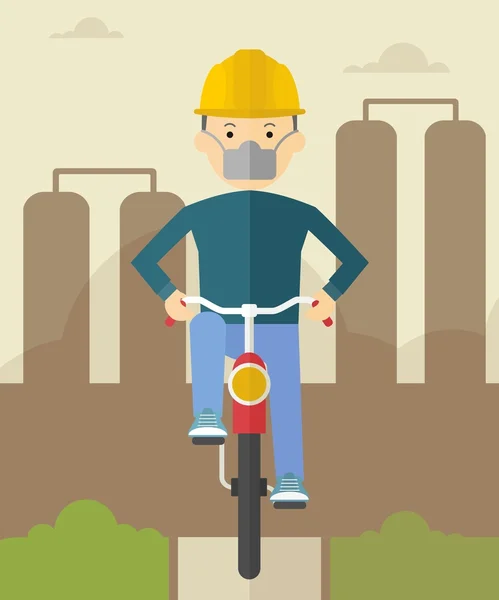 汚染された都市で自転車に乗った男 — ストックベクタ