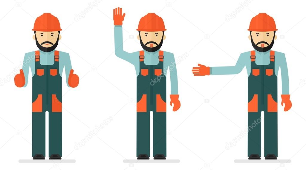 set of illustrations with workers in overalls