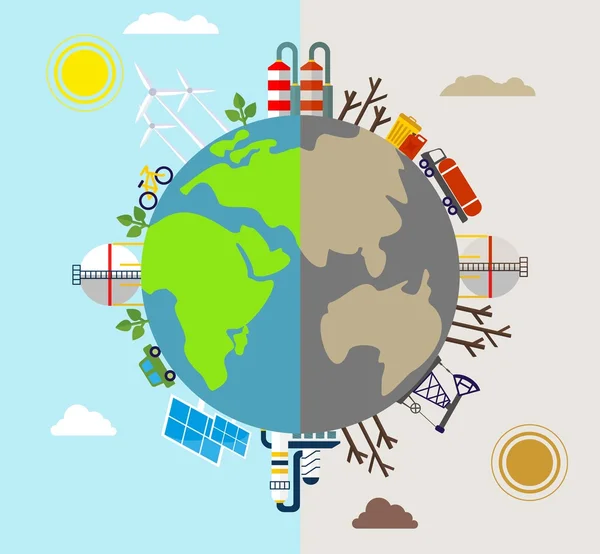 Planeet vervuild en milieuvriendelijke planten — Stockvector